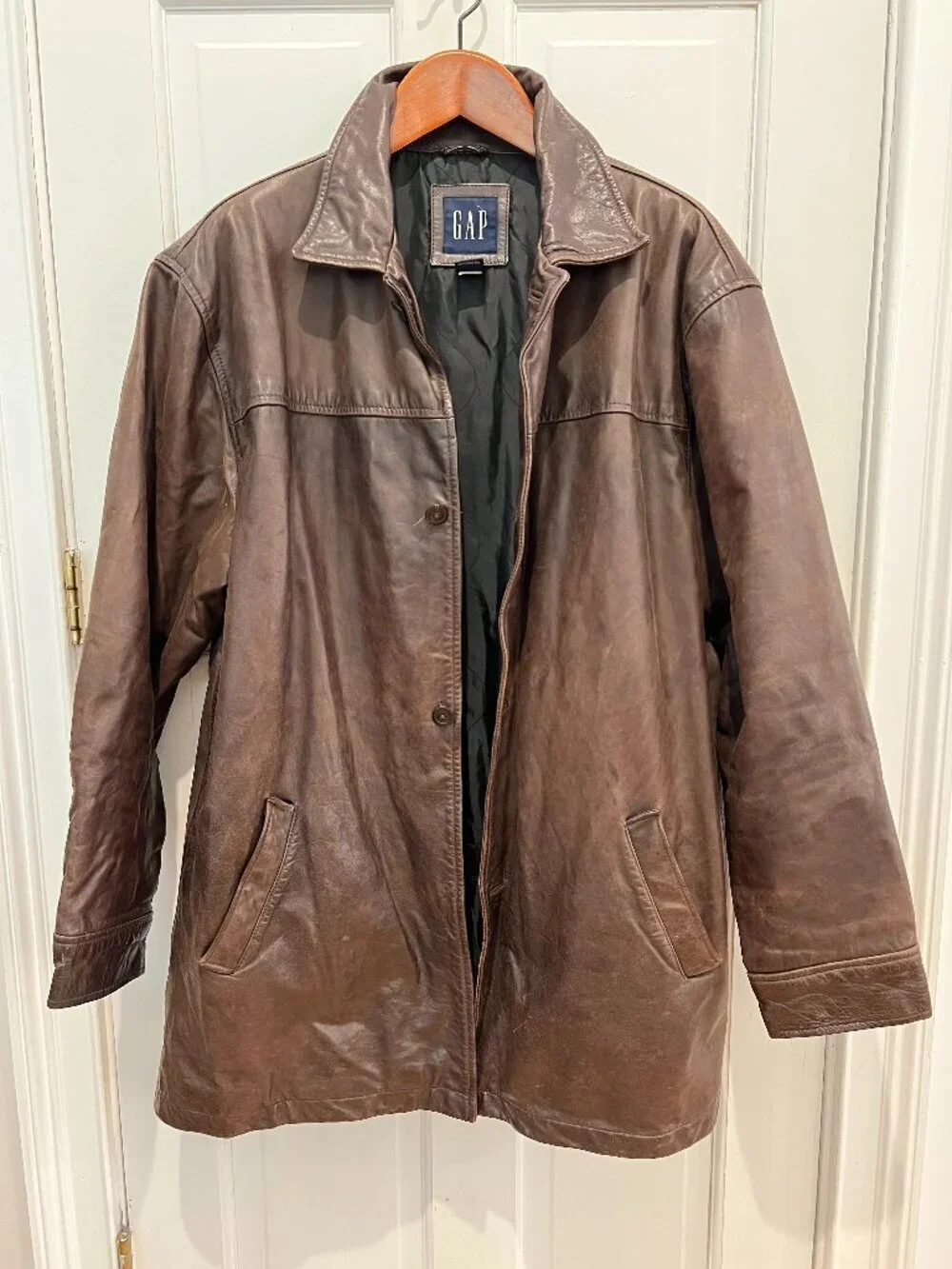 Gap Vintage Distressed Men’s Brown Leather Car Coat Jacket Button-Down Y2K